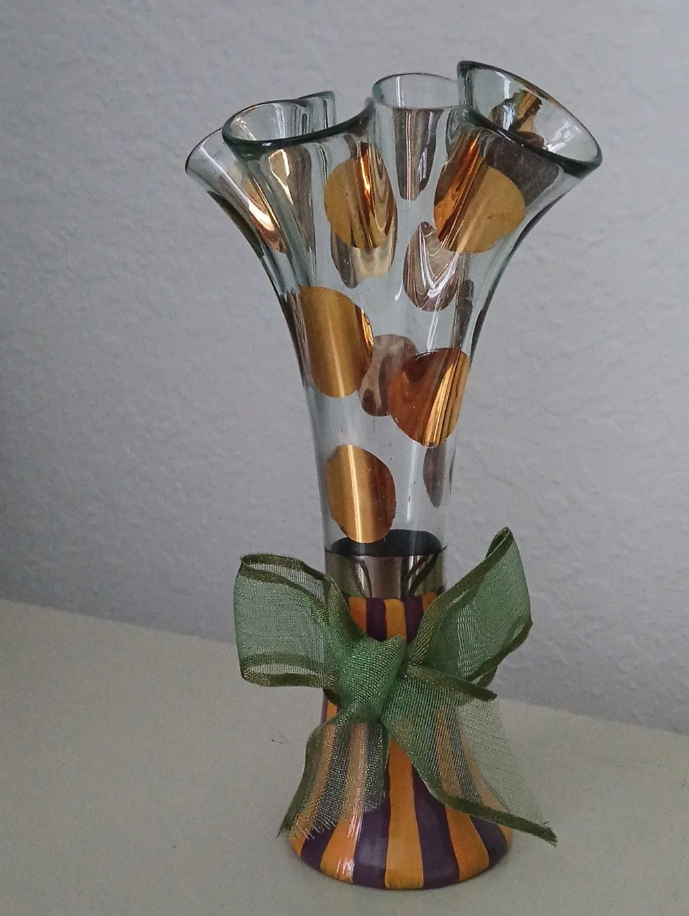 MackenzieChilds Handblown Ruffled Glass Vase with Gold Dot Accents and Green Bow